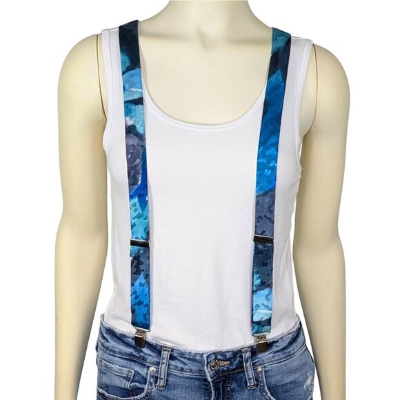 Retro Y-Back Suspenders Clip On Adjustable 90s Abstract Watercolor Blue Black - Picture 1 of 8